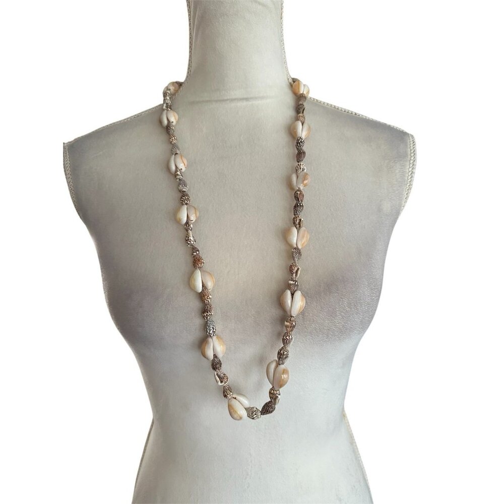 Vintage Hawaiian Cowrie & Mini Conch Sea Shell Necklace Natural Boho Beaded Lei